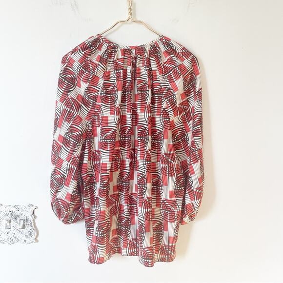 Whit Geo Print Balloon Sleeve Button Front Silk Blouse L - Picture 5 of 8